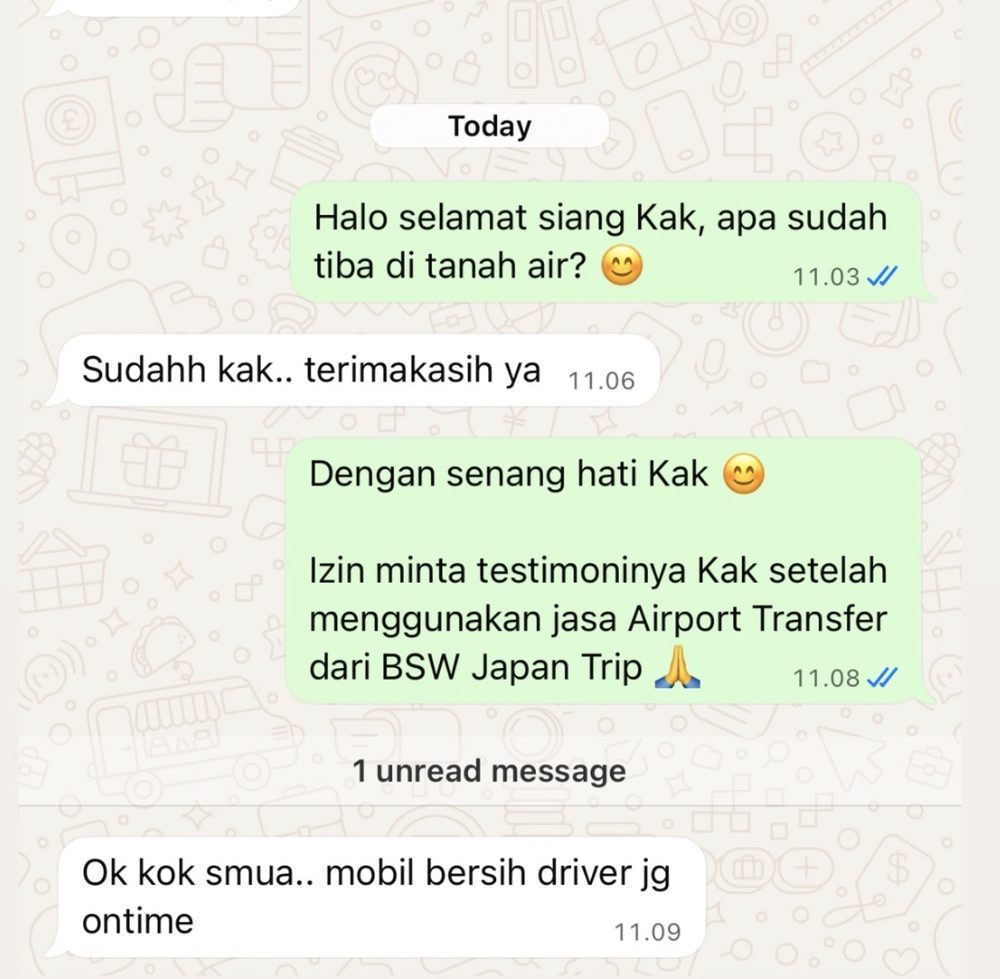 Screenshot of a BSW client WhatsApp message saying the car was clean and the driver was on time, with the client's name removed