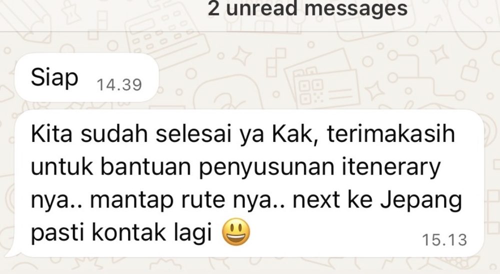 Screenshot of a BSW client WhatsApp message thanking BSW for itinerary planning help and saying they will book again, with the client's name removed